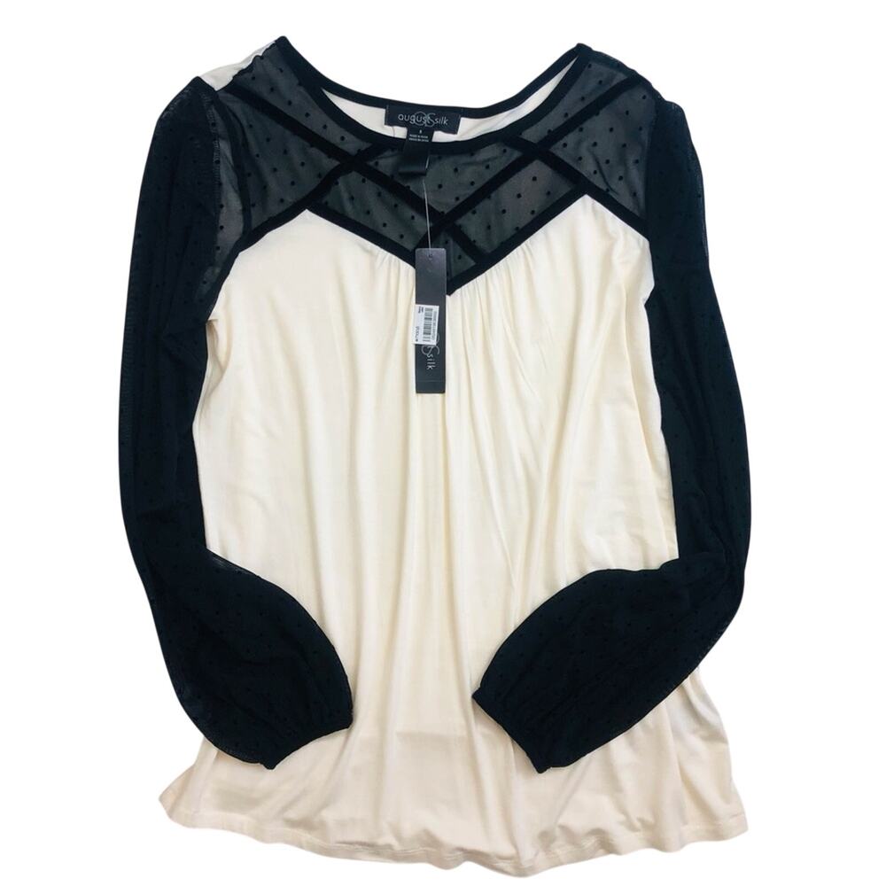 NWT August Silk Cream with Black Lace Top Long Sleeve Loose Fit Scoop Neck